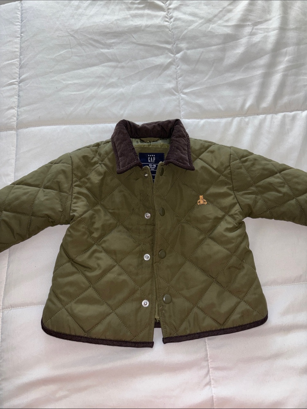 GAP Olive Quilted Kids Jacket with Brown Corduroy Collar